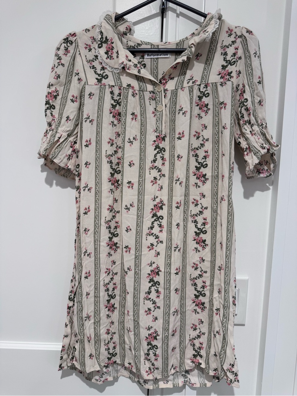 Reformation Cream Floral Stripe Dress. Size medium.